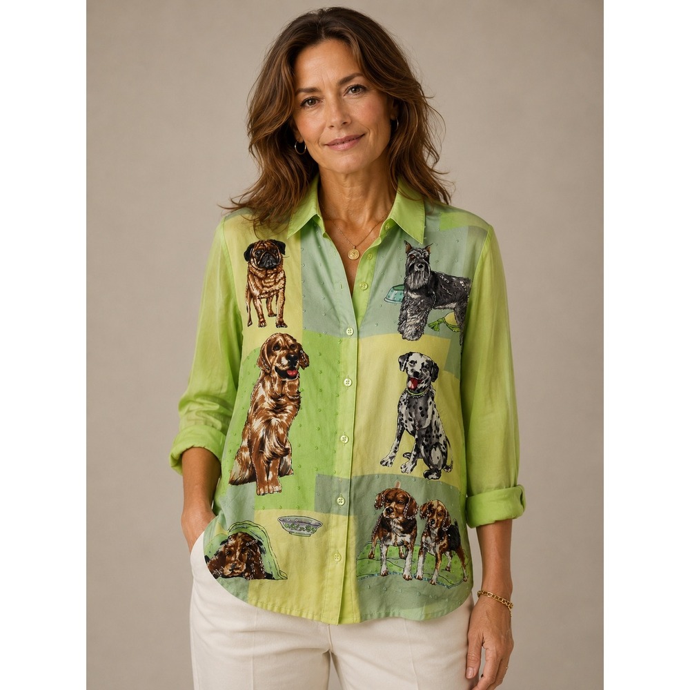 Diane Gilman Silk Dog Print Button Down Blouse Green Sequin Embellished Medium